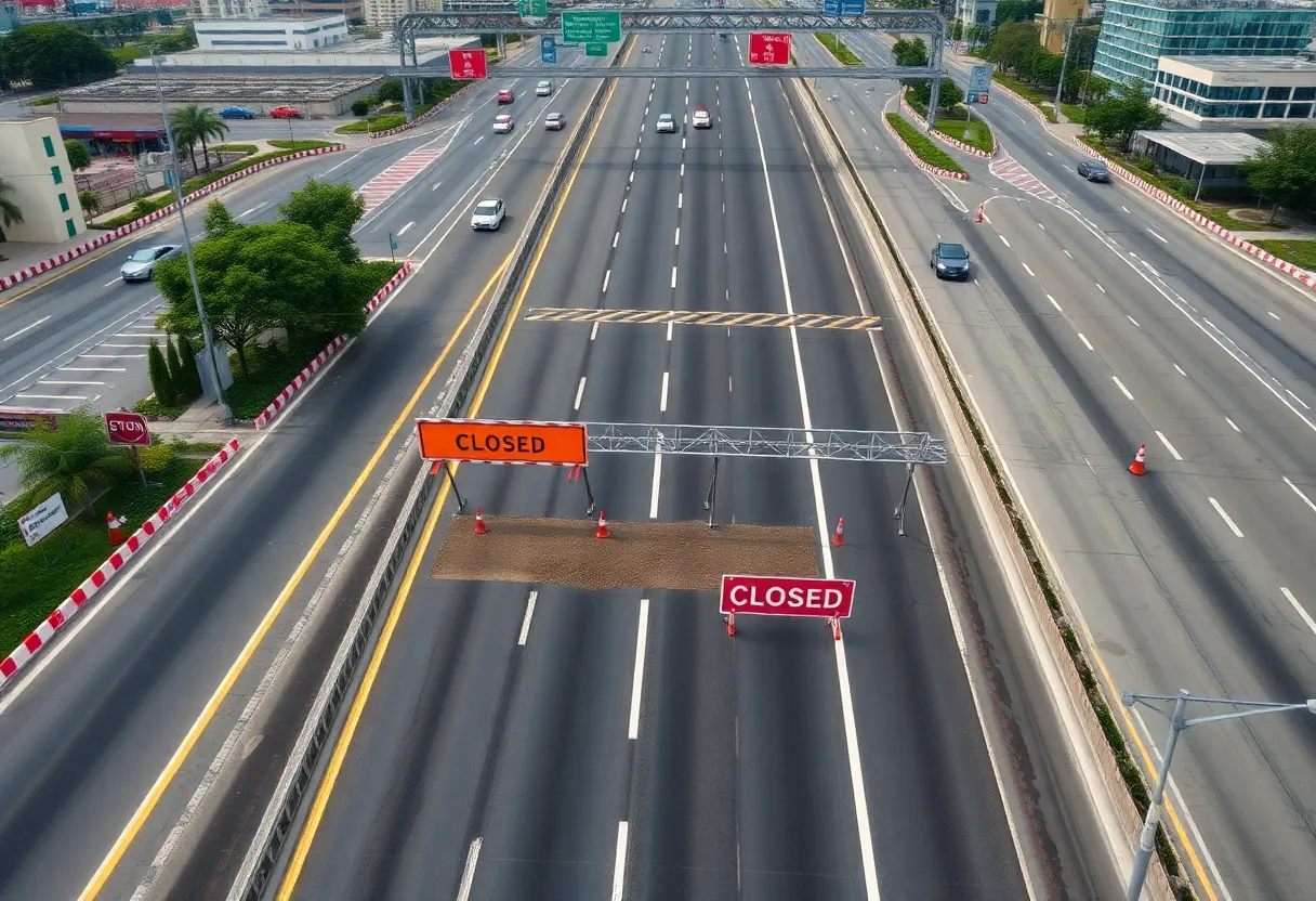 Aerial view of closed highway construction signs in San Antonio