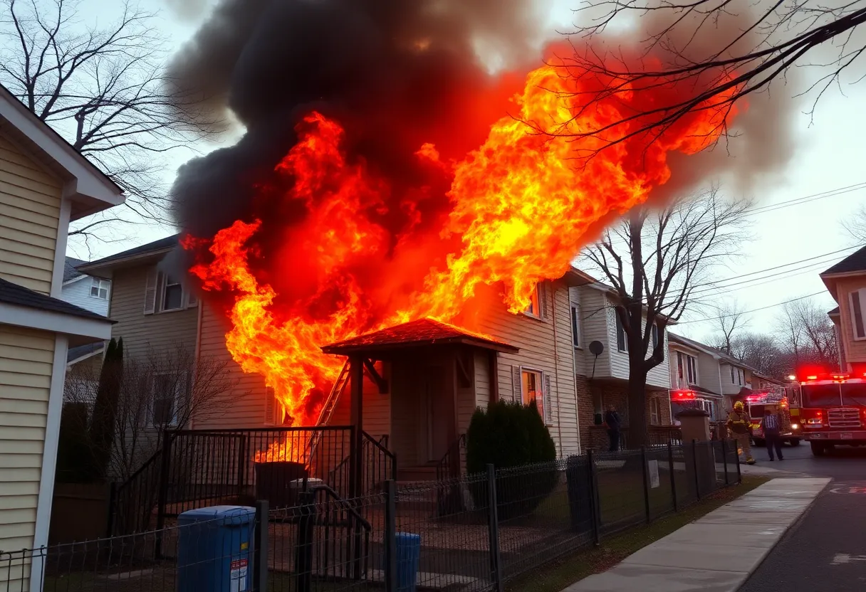 Firefighters responding to a house fire with flames visible.