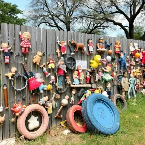 Fence decorated with unique junk art in San Antonio.