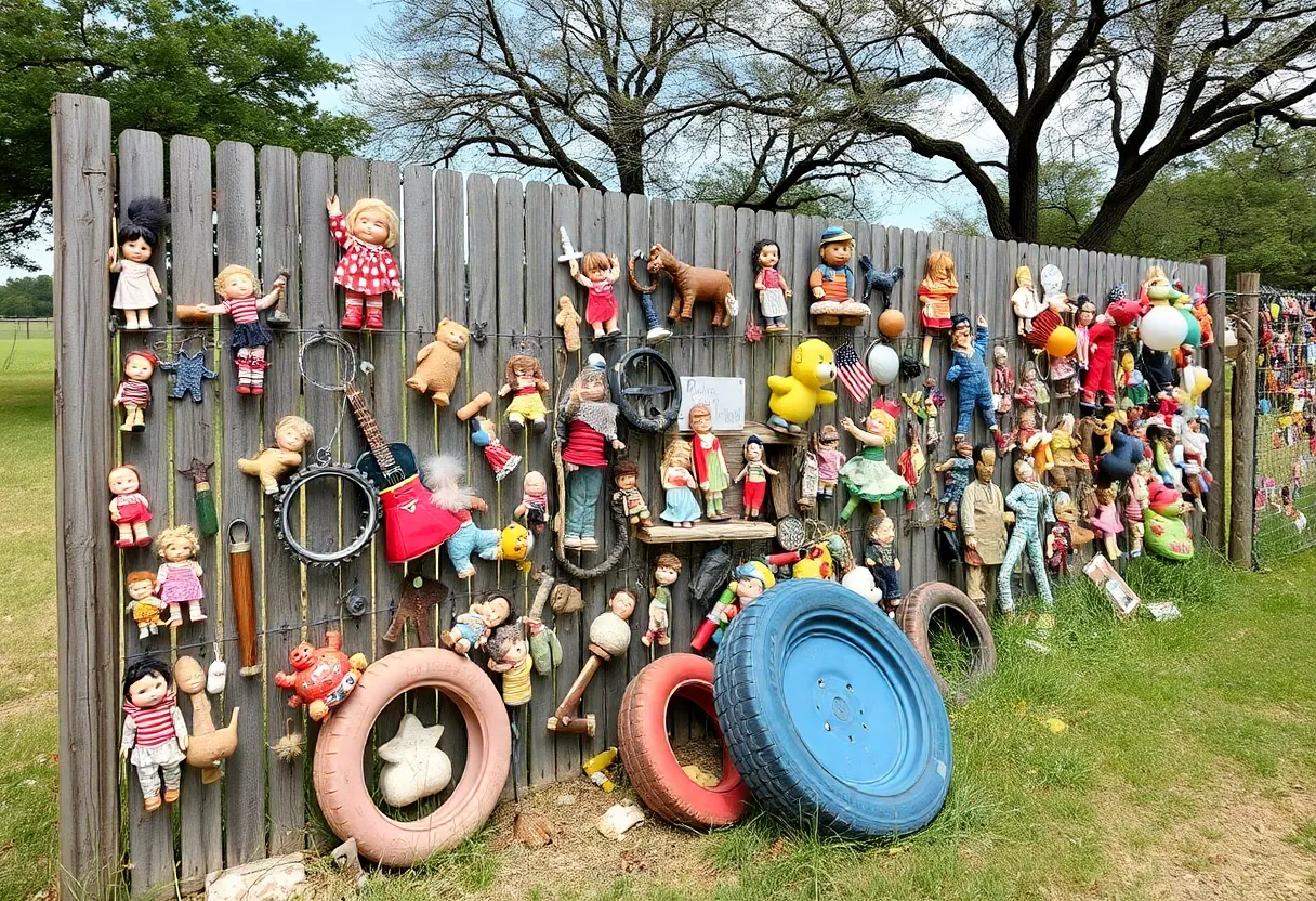 Fence decorated with unique junk art in San Antonio.