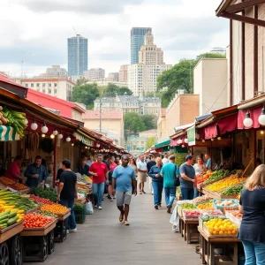 Local produce market in San Antonio with shoppers and produce stands.