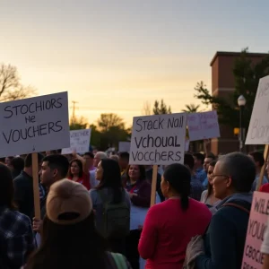 Crowd gathering outside a school event discussing school vouchers