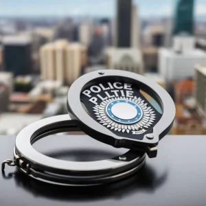 Close-up of a police badge and handcuffs on a table