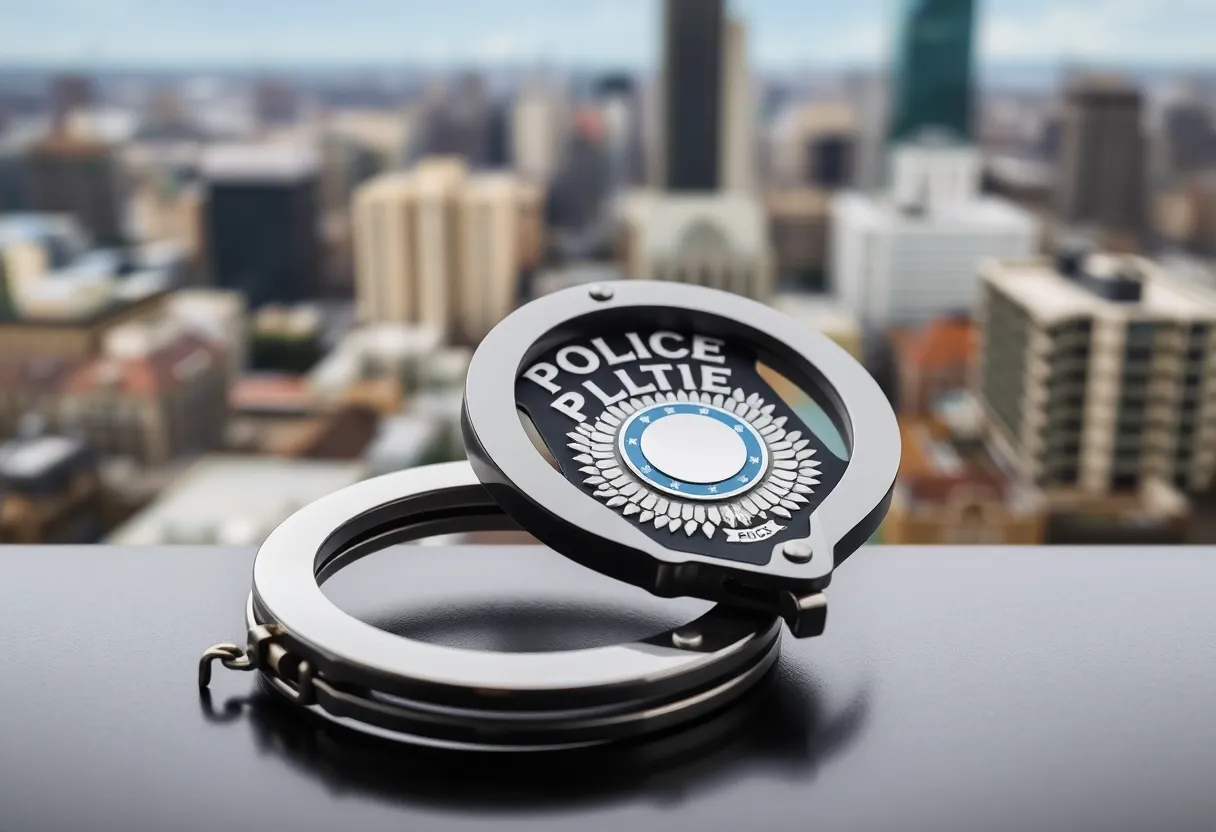 Close-up of a police badge and handcuffs on a table