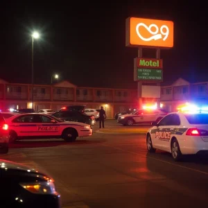 Police vehicles in a motel parking lot after an incident