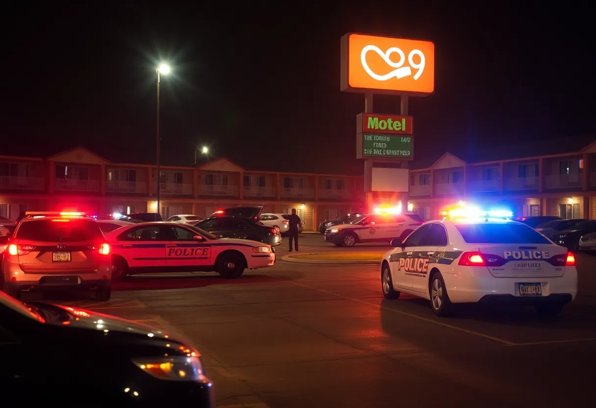 Police vehicles in a motel parking lot after an incident