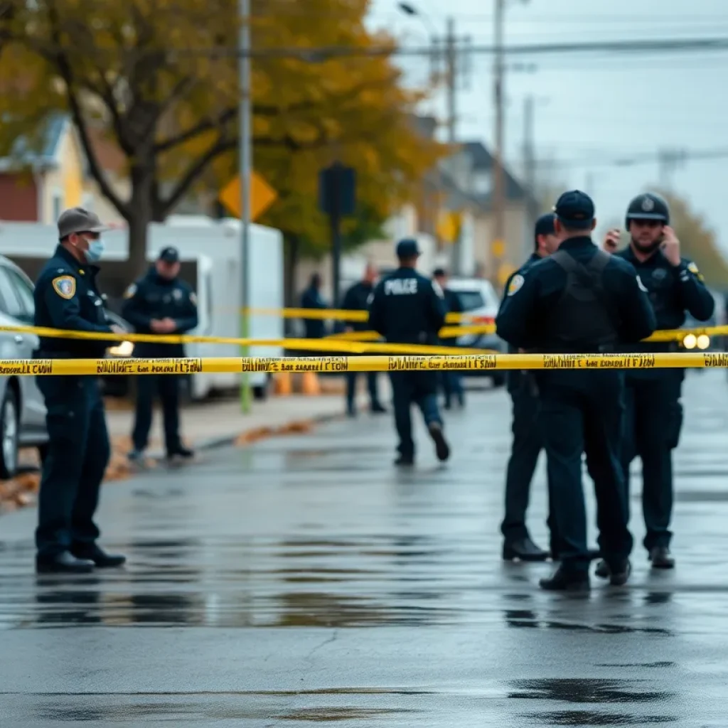 Police officers conducting an investigation in a residential area with caution tape