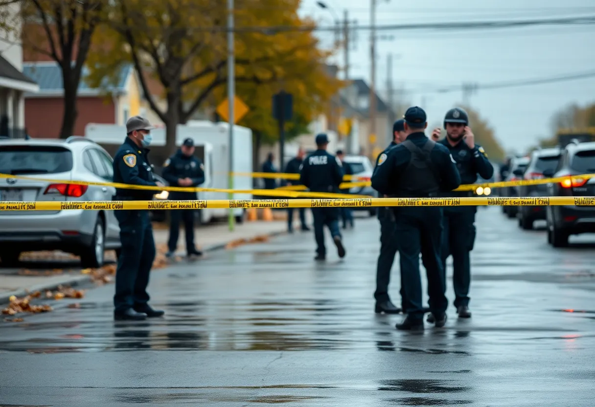 Police officers conducting an investigation in a residential area with caution tape