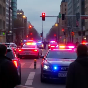 Police vehicles at the scene of a shooting in downtown San Antonio