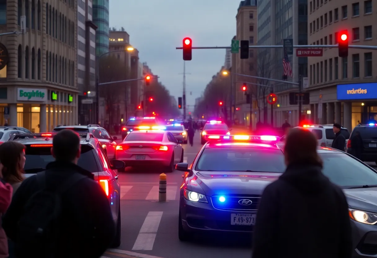 Police vehicles at the scene of a shooting in downtown San Antonio