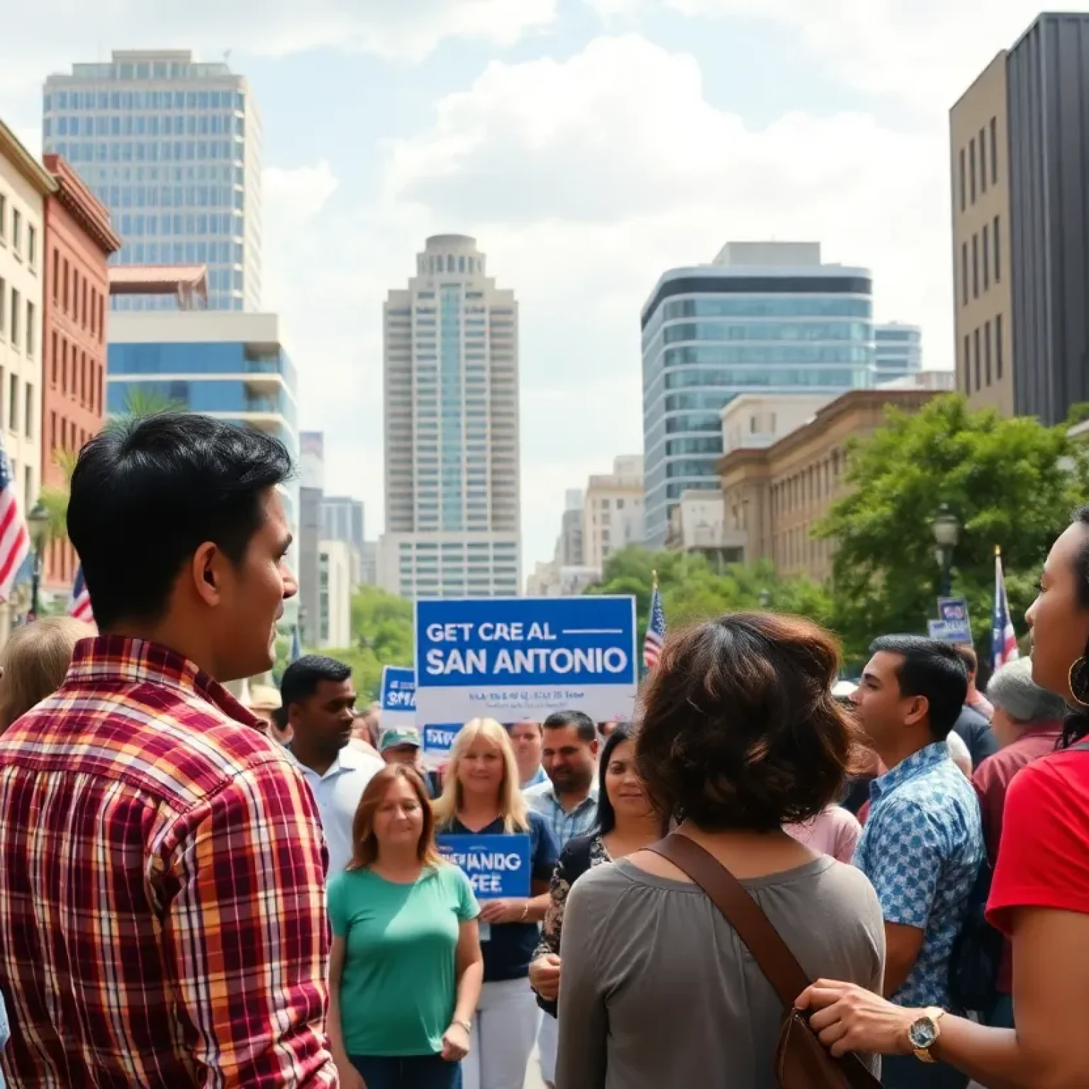 A lively scene depicting a political campaign rally in San Antonio.