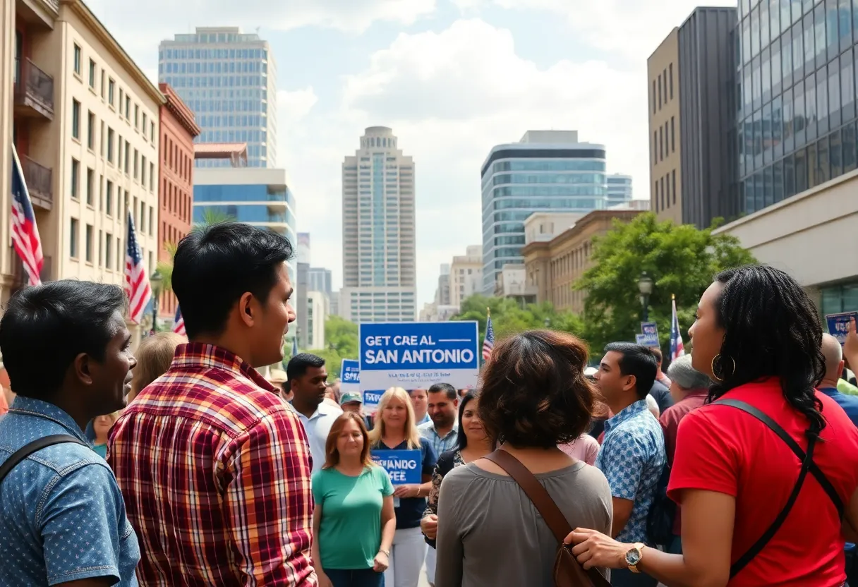 A lively scene depicting a political campaign rally in San Antonio.