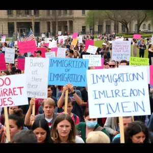 Crowd of protesters in San Antonio demonstrating against immigration policies.