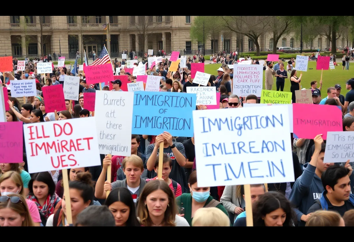 Crowd of protesters in San Antonio demonstrating against immigration policies.