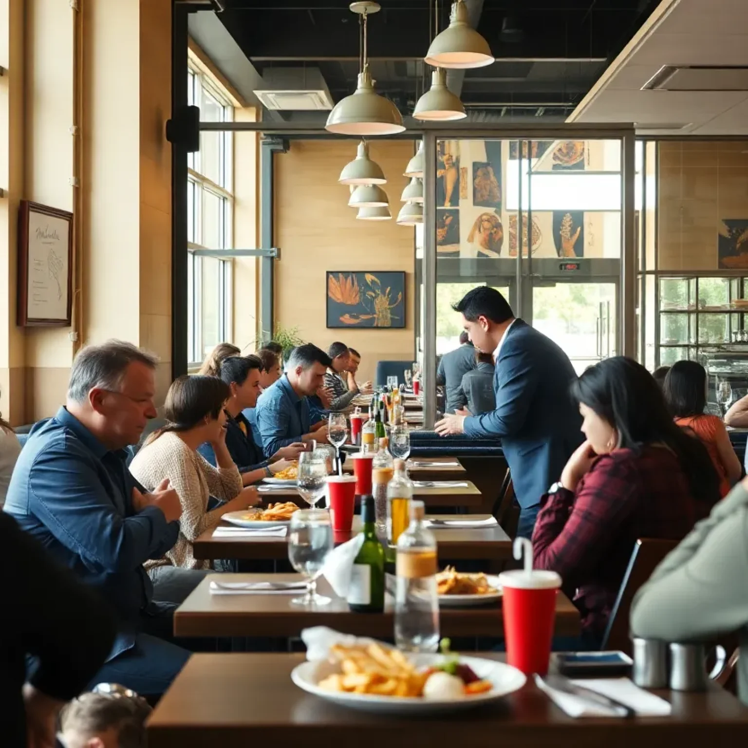 Patrons in a San Antonio restaurant with a focus on a window under inspection