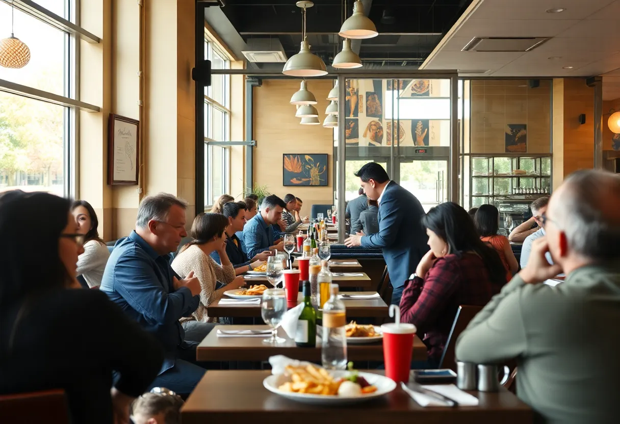 Patrons in a San Antonio restaurant with a focus on a window under inspection