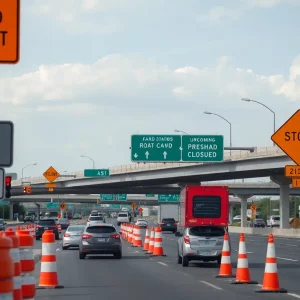 Construction signs indicating road closures at a highway interchange in San Antonio, Texas.