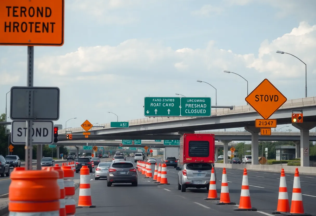 Construction signs indicating road closures at a highway interchange in San Antonio, Texas.