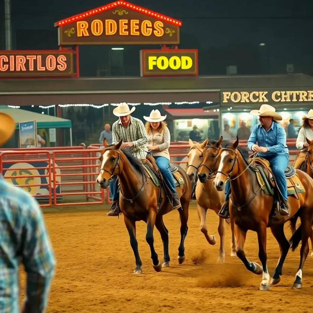 Rodeo event at San Antonio Stock Show with cowboys on horses and fair food stalls