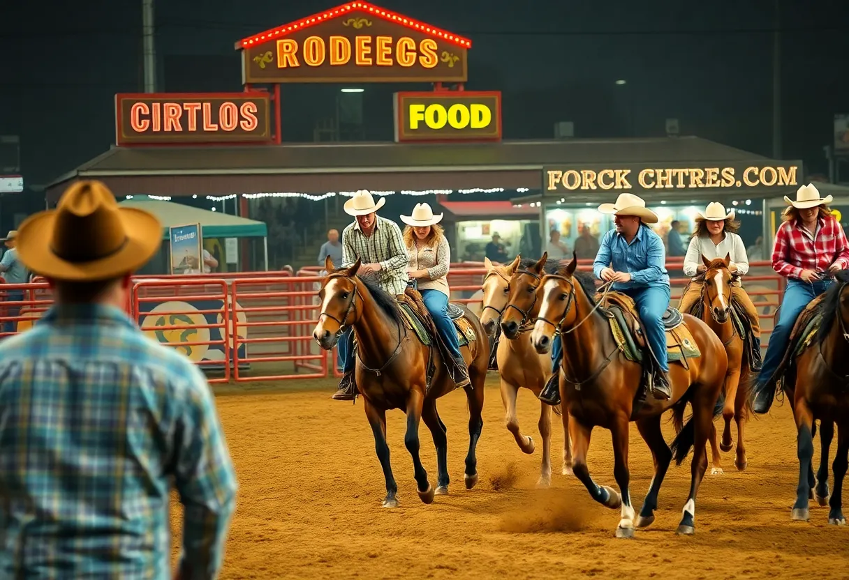 Rodeo event at San Antonio Stock Show with cowboys on horses and fair food stalls