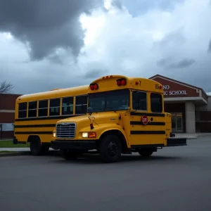 San Antonio school bus in front of a school under cloudy skies