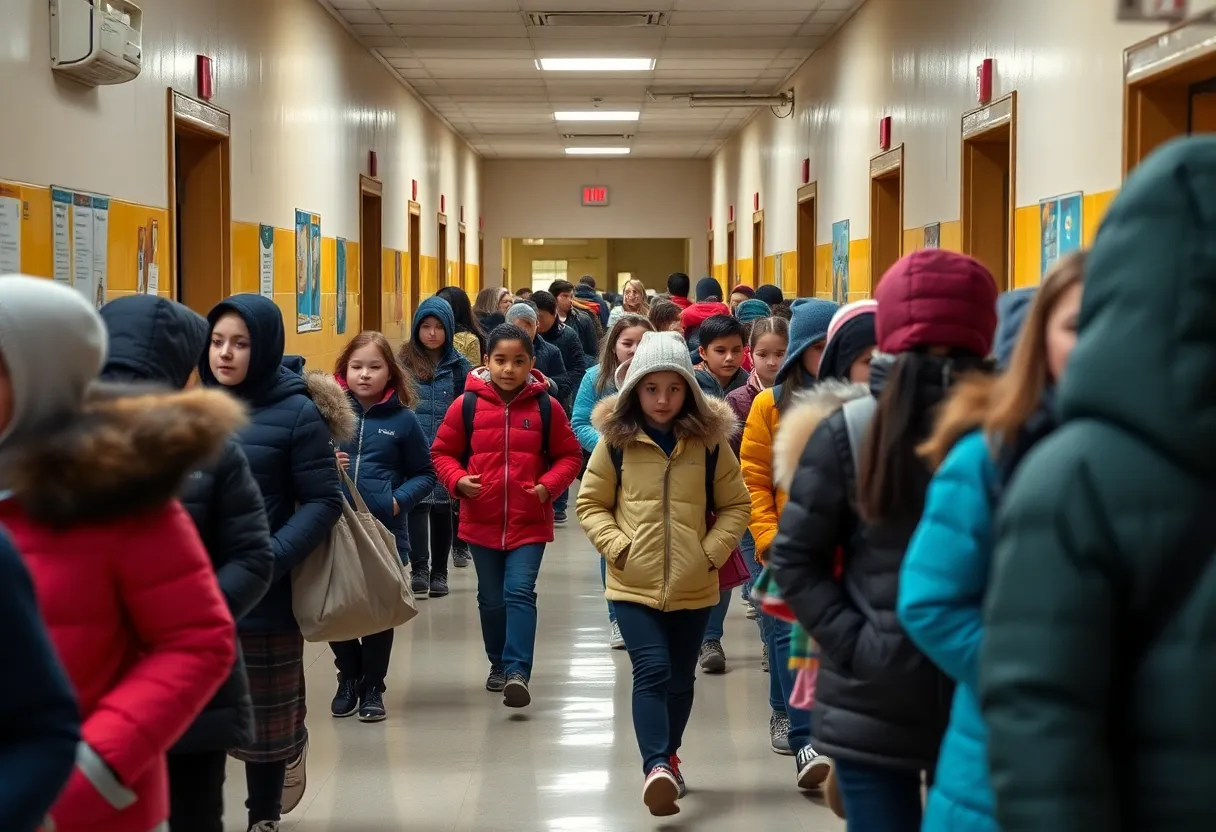 Students wearing winter jackets in a school corridor during winter.