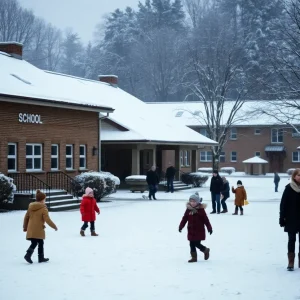 Children and school buildings in a winter setting.