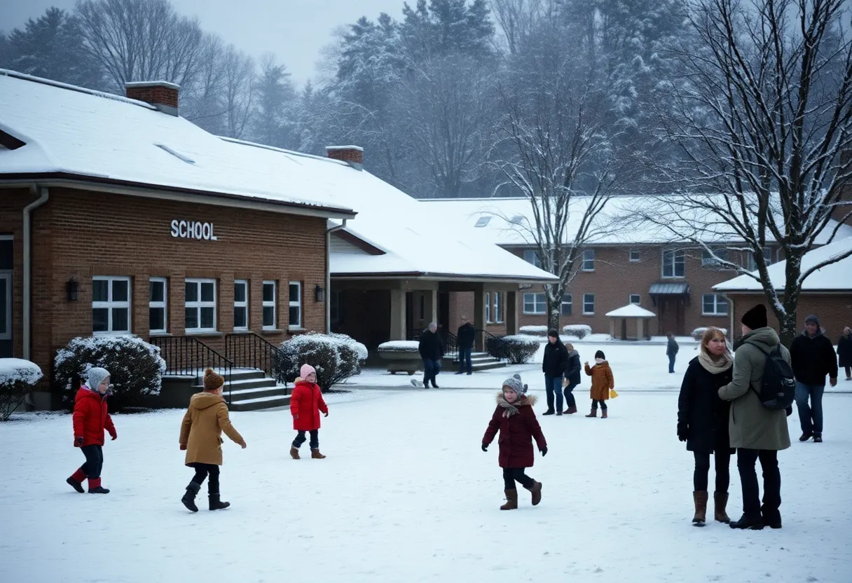 Children and school buildings in a winter setting.