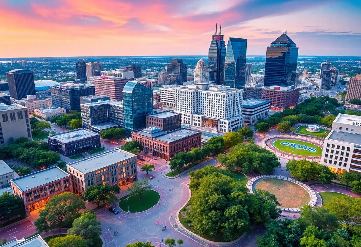 Conceptual image of San Antonio's proposed sports district with parks and developments