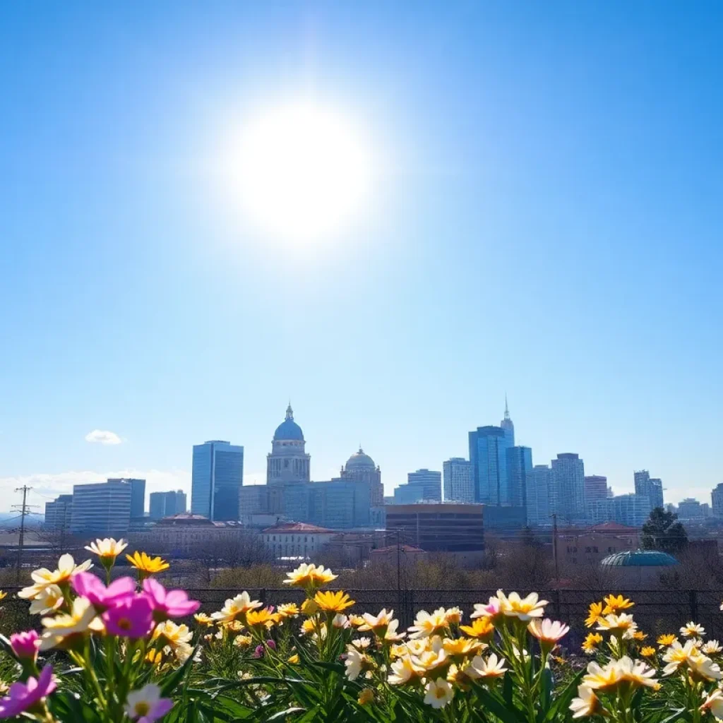 San Antonio skyline during spring with flowers blooming and warm weather