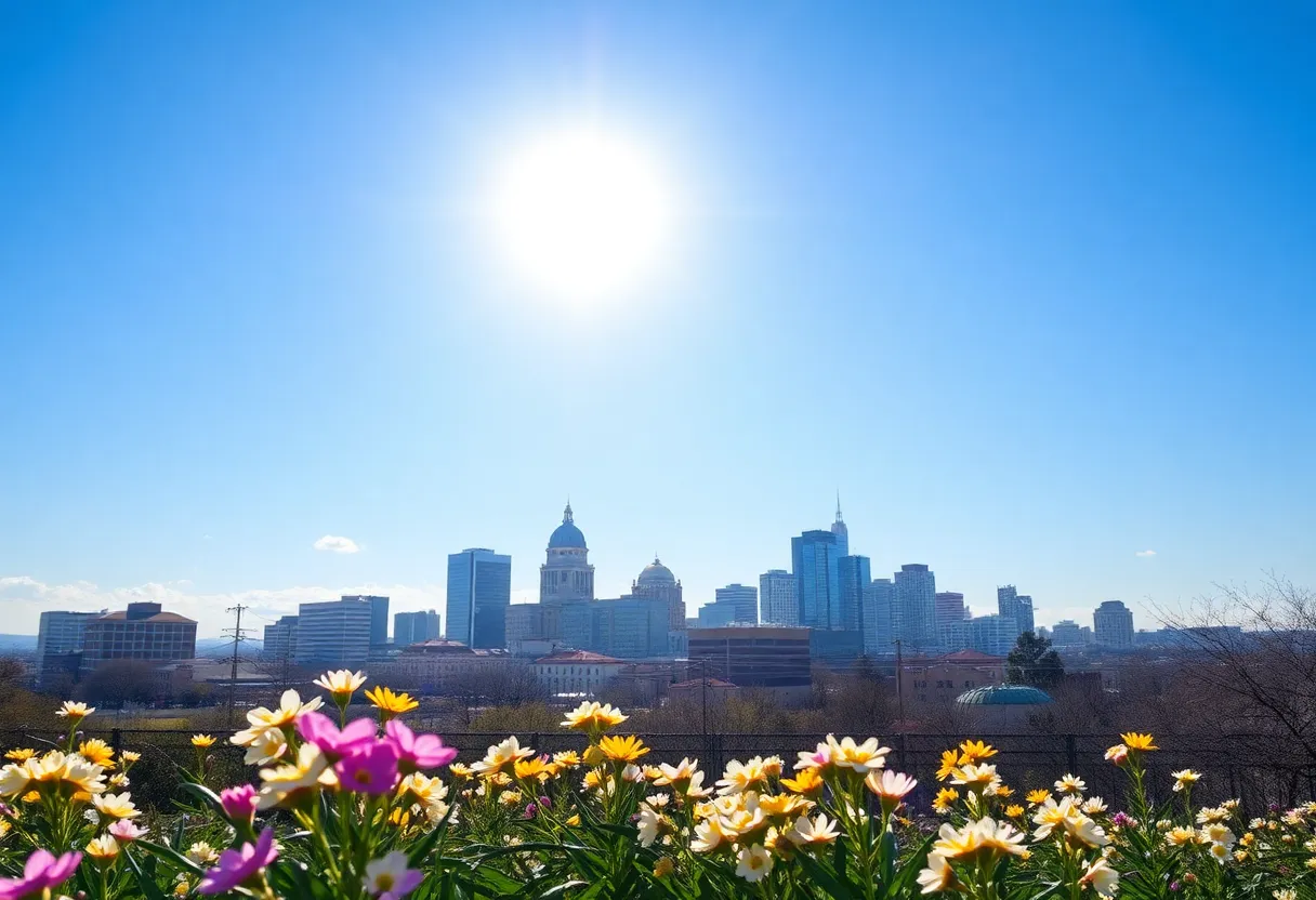 San Antonio skyline during spring with flowers blooming and warm weather