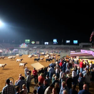 Festive rodeo scene with cowboys and livestock