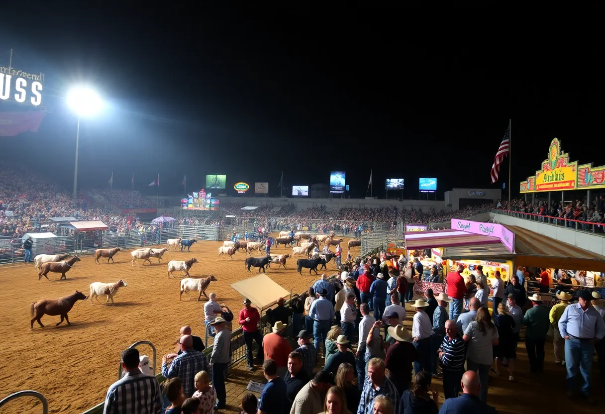 Festive rodeo scene with cowboys and livestock