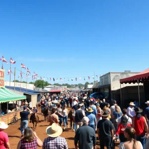 Crowd enjoying the San Antonio Stock Show and Rodeo festival with rodeo events and food stalls.