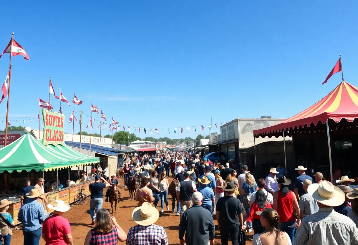 Crowd enjoying the San Antonio Stock Show and Rodeo festival with rodeo events and food stalls.