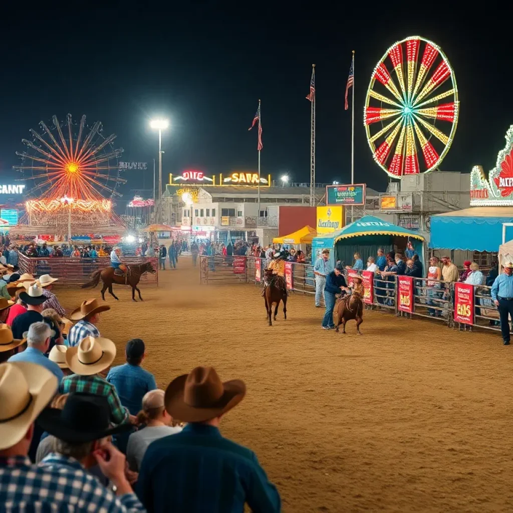 Spectators enjoying the San Antonio Stock Show and Rodeo with carnival rides and food stalls visible.