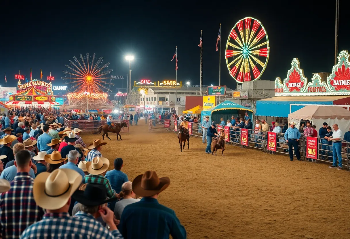 Spectators enjoying the San Antonio Stock Show and Rodeo with carnival rides and food stalls visible.