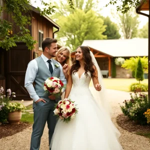 Three people celebrating their love in a rustic wedding setting.