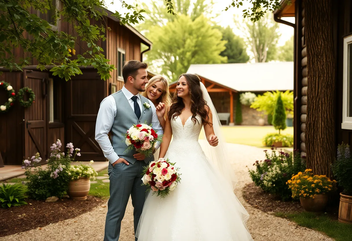 Three people celebrating their love in a rustic wedding setting.