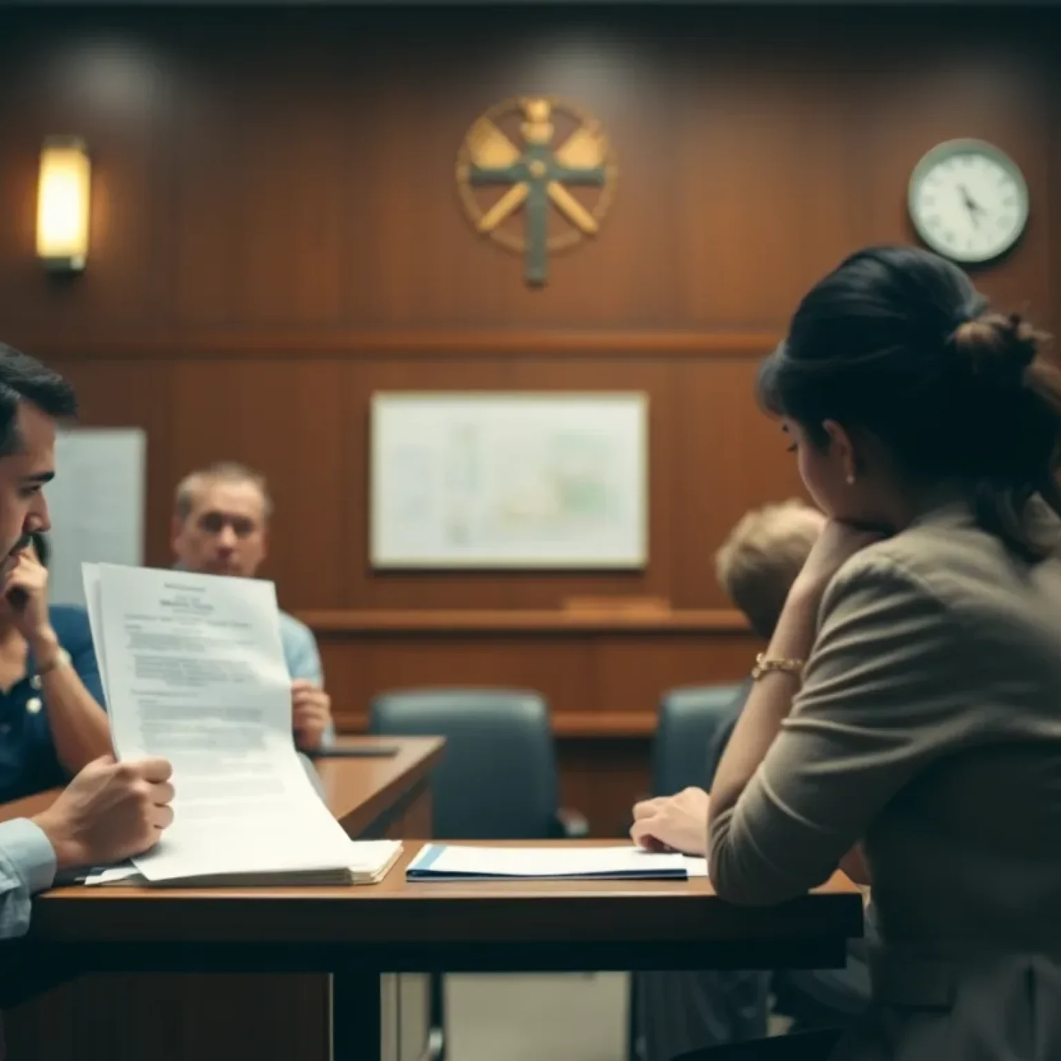 A courtroom filled with legal documents and anxious families during a trial.