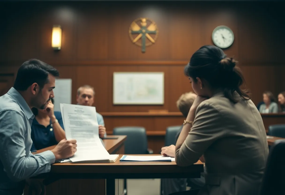 A courtroom filled with legal documents and anxious families during a trial.