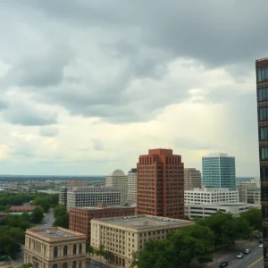 Downtown San Antonio under cloudy skies indicating changing weather.