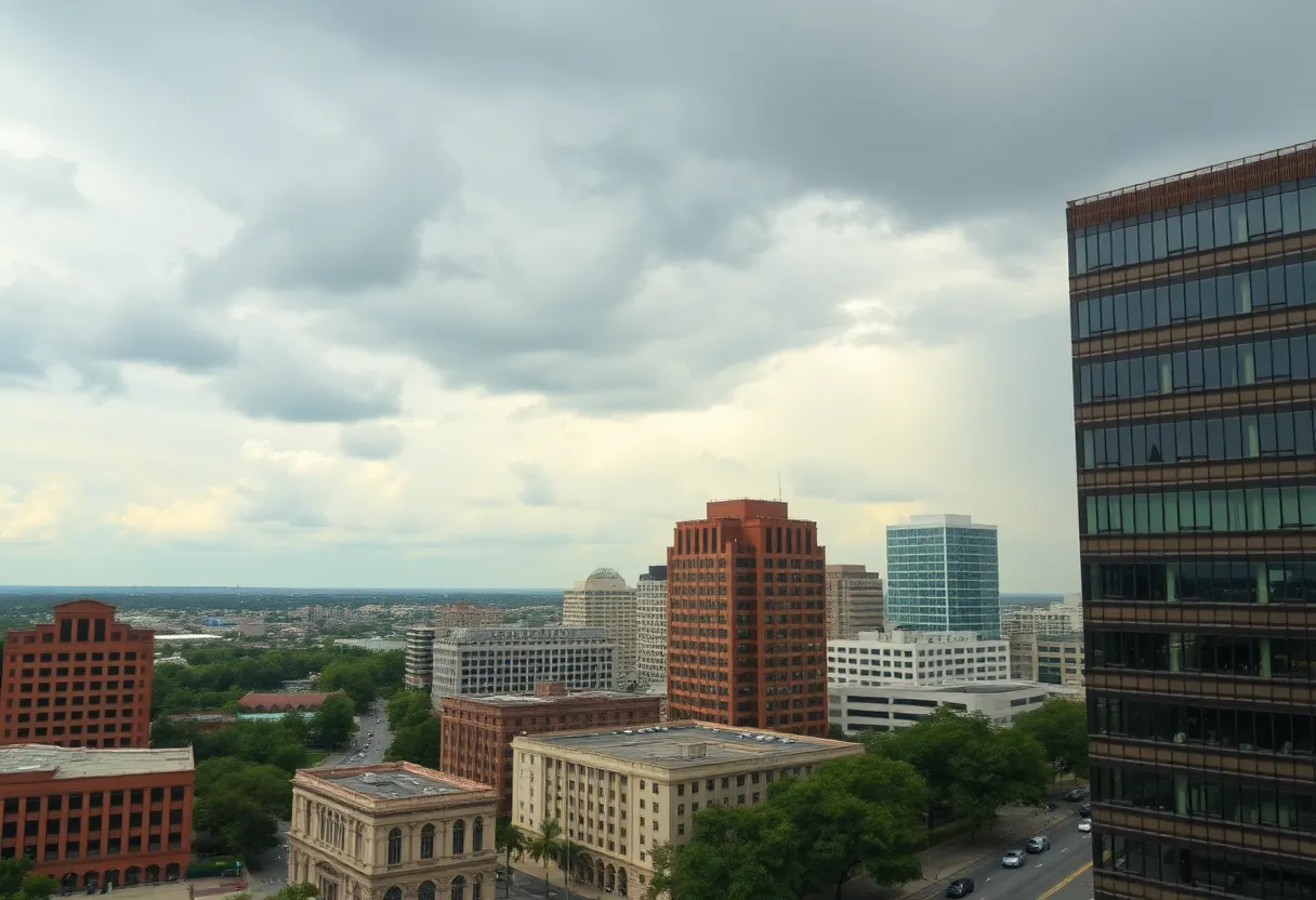 Downtown San Antonio under cloudy skies indicating changing weather.