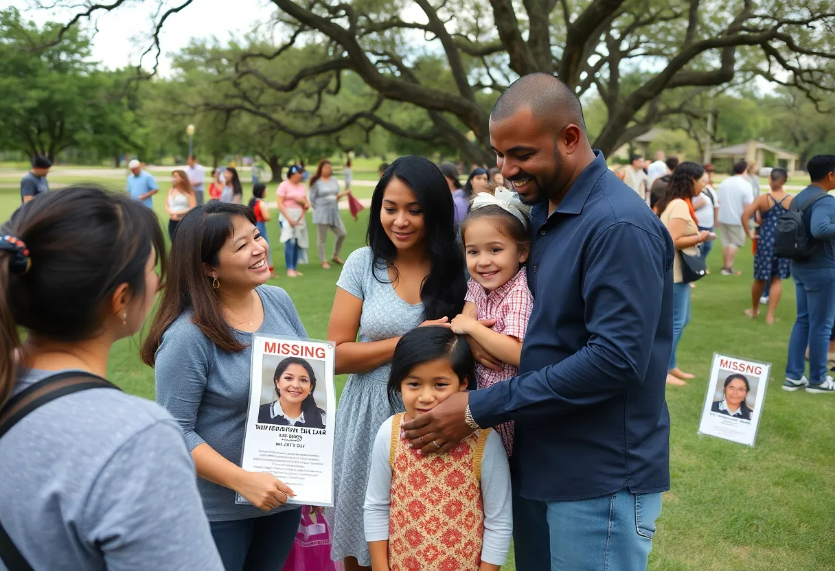 Family members holding a missing person flyer in a park in San Antonio.