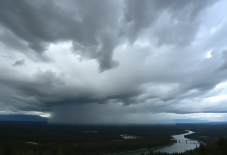 Dark clouds over a forested area in Washington state