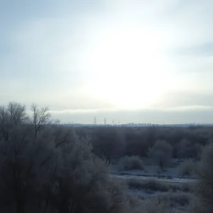 A winter scene in South Texas with frost on trees and a cloudy sky.