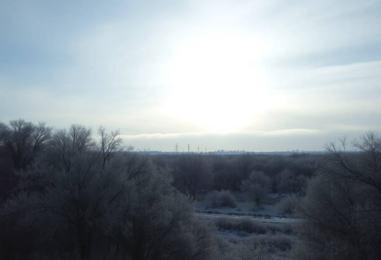 A winter scene in South Texas with frost on trees and a cloudy sky.