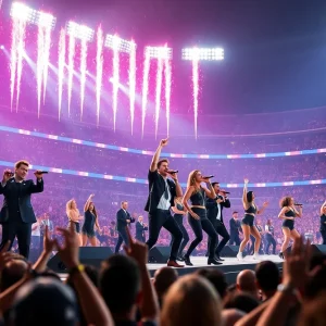 Energetic scene from a Super Bowl halftime show with musicians performing.