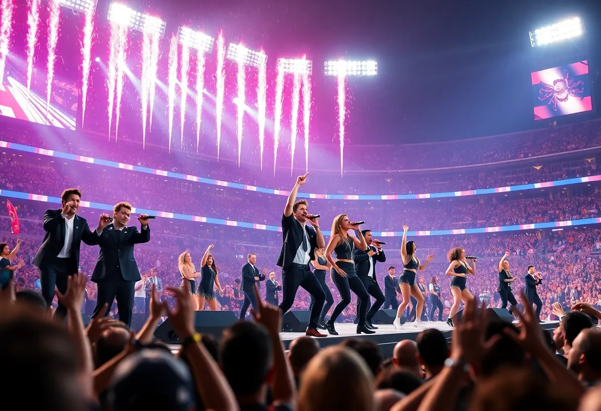 Energetic scene from a Super Bowl halftime show with musicians performing.