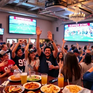 Fans celebrating at a Super Bowl LIX watch party in San Antonio